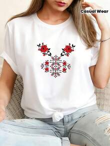 Plus Size Women's White Crew Neck T-Shirt - Eastern European Folk Style Floral And Geometric Print Blouse, Suitable For Spring, Summer And Autumn, Soft And Stretchy Short Sleeve T-Shirt, Basic Layering Top For Casual Daily Wear, Parties, Machine Washable, Suitable For Spring, Summer And Autumn - 白色 - 查看 1