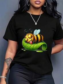Plus Size Women's Boho Chic Oversized White T-Shirt - Graphic Bee And Honeycomb Print, Loose Fit, Crew Neck, Short Sleeve, Breathable Casual Wear, Machine Washable Blouse For All Seasons With Unique Artistic Print, Geometric Pattern And Fun And Whimsical Design For A Relaxed Bohemian Style. Suitable For Spring, Summer And Autumn. - 黑色 - 查看 2