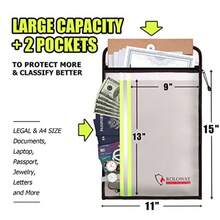- Bolsa de documentos ignífuga 15 x 11 pulgadas con 2 bolsillos, bolsa de sobres para dinero en efectivo, documentos legales (plateada) - Plateado - Ver 3