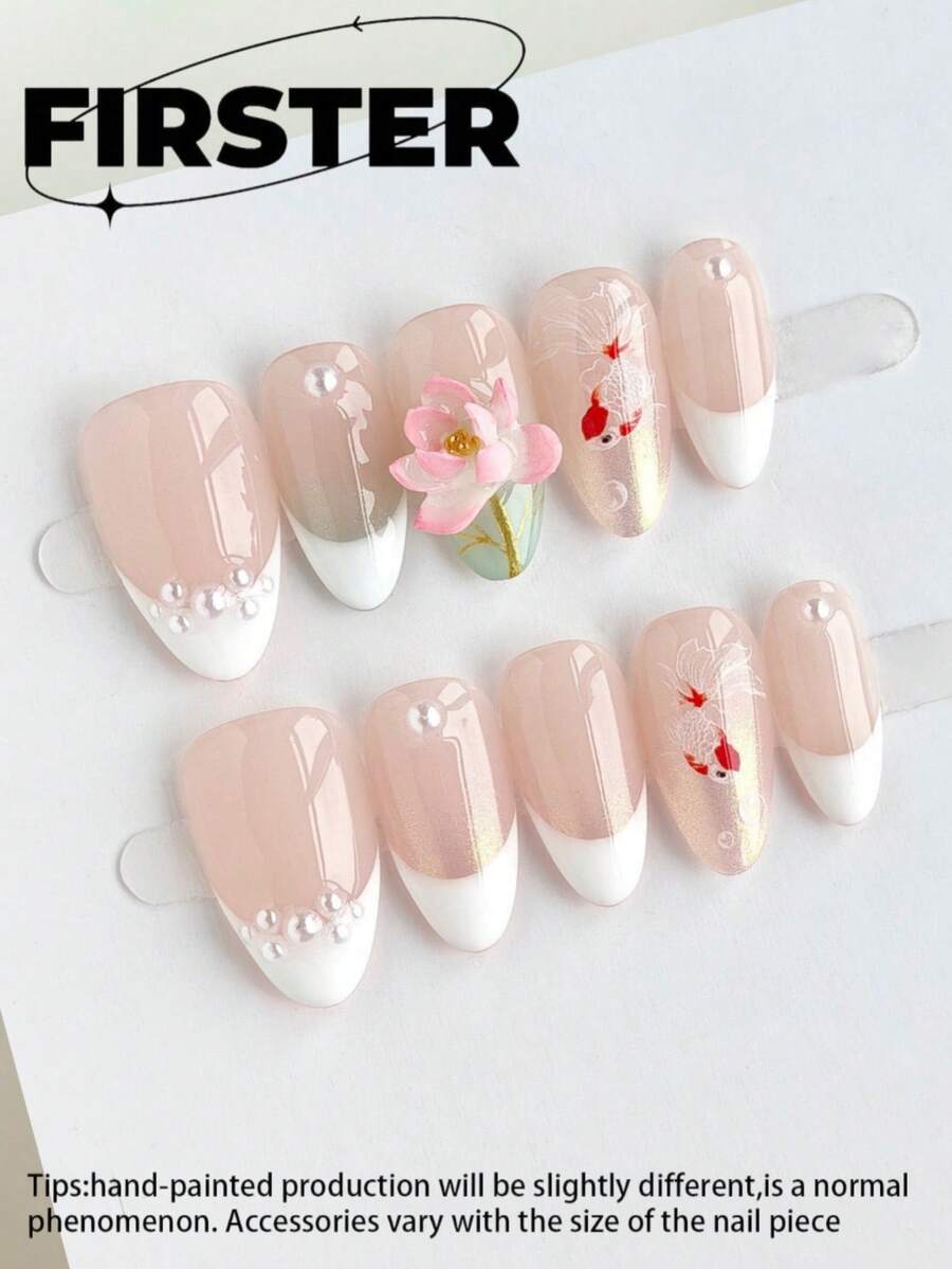 10片装中号杏仁形手工按压式美甲贴片,夏季美甲,中式裸色和白色假指甲,3D莲花、金鱼和珍珠美甲图案,亮面,可重复使用的亚克力指甲,适合日常佩戴 - 彩色 - 查看 1