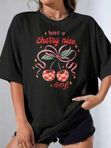 Women's Blouses, White T-Shirt For Girls, Cute Oversized T-Shirt With Cherry Print And The Text "Have A Cherry Nice Day", Casual Summer Clothes For Women, For Outdoor Parties, Casual Printed T-Shirt, Suitable For Spring, Summer And Autumn. - 黑色 - 查看 1