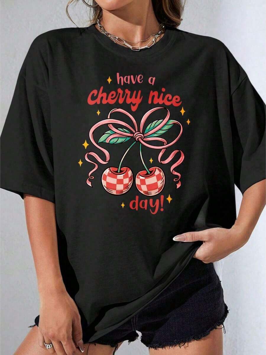 Women's Blouses, White T-Shirt For Girls, Cute Oversized T-Shirt With Cherry Print And The Text "Have A Cherry Nice Day", Casual Summer Clothes For Women, For Outdoor Parties, Casual Printed T-Shirt, Suitable For Spring, Summer And Autumn. - 黑色 - 查看 1