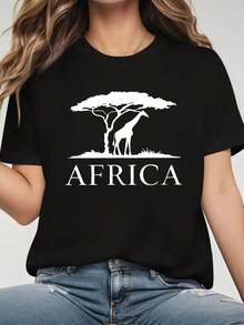 Simple And Versatile Design: Inspired By The Healing Relaxation Of Africa, This Design Features An African Acacia Tree And Giraffe Motif. This Fashionable, Casual Women's T-Shirt Has A Round Neck And Is Perfect For Spring And Summer. Its Creative Style Makes It Comfortable For Everyday Wear And Outings. Made From Cotton. - 黑色 - 查看 7