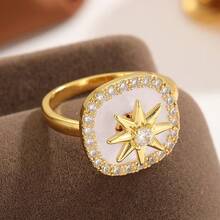 1 pieza Anillo giratorio Fidget de cobre con circonita, con diseño de flor, estrella y luna, para alivio de ansiedad y estrés, para uso diario, regalo - Plateado - Ver 5