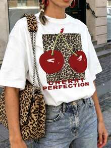 Women's Round Neck Short Sleeve T-Shirt With Leopard Print, Cherries And Lettering, Comfortable Loose Fit, Casual Everyday Wear, Ideal For Summer And Youthful Daily Use YV3S - 白色 - 查看 8