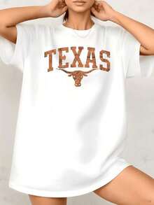 Women's T-Shirt With Texas Bull Graphic Print, Texas State Pride, 100% Cotton, Crew Neck, Casual Everyday Style, 1 Piece. They Are Excellent Gifts For Friends And Family. - 白色 - 查看 7