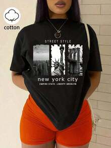 short sleevesMinimalist Casual Shirt Camiseta de manga corta con estampado de paisaje y letras para el verano, estilo STREET STYLE - New York City, EMPIRE STATE, LIBERTY, BROOKLYN, camisetas gráficas para mujerLeisure - Negro - Ver 1