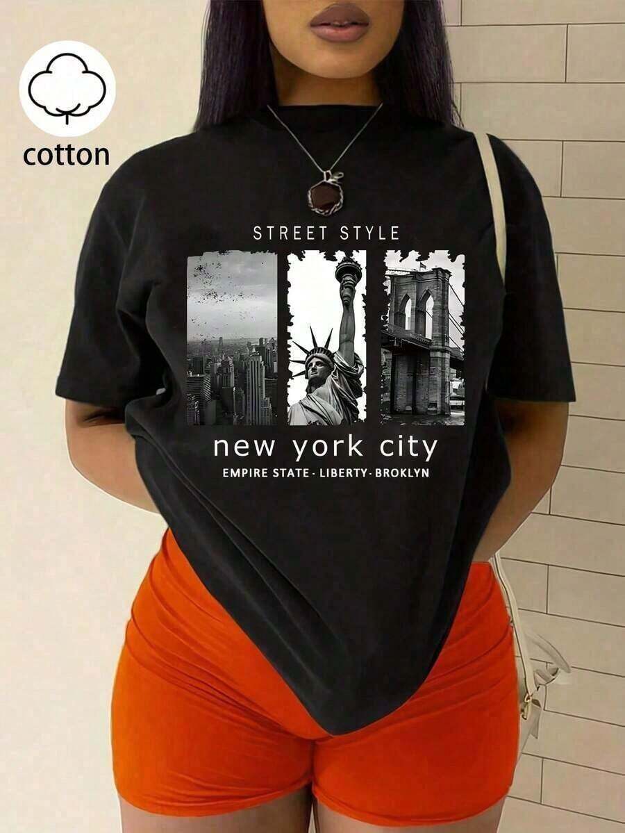 short sleevesMinimalist Casual Shirt Camiseta de manga corta con estampado de paisaje y letras para el verano, estilo STREET STYLE - New York City, EMPIRE STATE, LIBERTY, BROOKLYN, camisetas gráficas para mujerLeisure - Negro - Ver 1