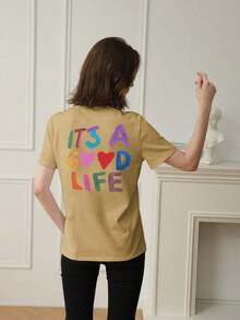 Women's Short-Sleeved T-Shirt With A Round Neck And Colorful Slogan Print, A New Summer Style Suitable For Everyday Wear. Vacation Graphic T-Shirt For Women, White Top For Women - 棕色 - 查看 7