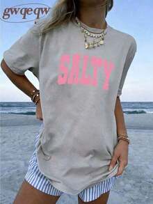 Women's Graphic T-Shirt "If You're Grumpy, Please Go Back To The Beach" With Salty Print, 100% Cotton, Double-Sided Print, Casual Summer Style, Plus Size | Summer Clothes | Vacation Clothes - Women's World Cup Print T-Shirt, 100% Cotton, Short Sleeve, Crew Neck, Casual Style - 淺灰色 - 查看 2