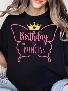 Women's T-Shirt, Princess Birthday T-Shirt For Girls, Children's Birthday Party Outfit, Pink Crown Design, Cute Princess Themed Outfit, Gift To Celebrate A Special Day For Little Princesses - 黑色 - 查看 7