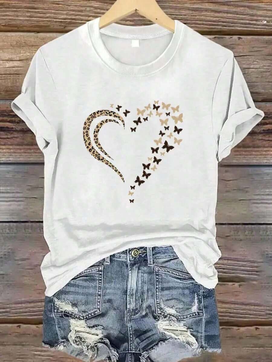 New Fashion Women's Crew Neck Shirt Basic Graphic Print T-Shirt For Women, Short Sleeve, Round Neck, Heart Print, Hearts, Butterfly, Butterflies, Animal Print, Leopard, Cheetah, Aesthetic, Regular, Casual, Comfortable, Fresh, Light, Soft, Modern, Youthful, Romantic, Bohemian, Going Out, Home, Daily, Day, Beach, Heat, Spring, Summer, Summer-Ready, Versatile Design. - 白色的 - 查看 1