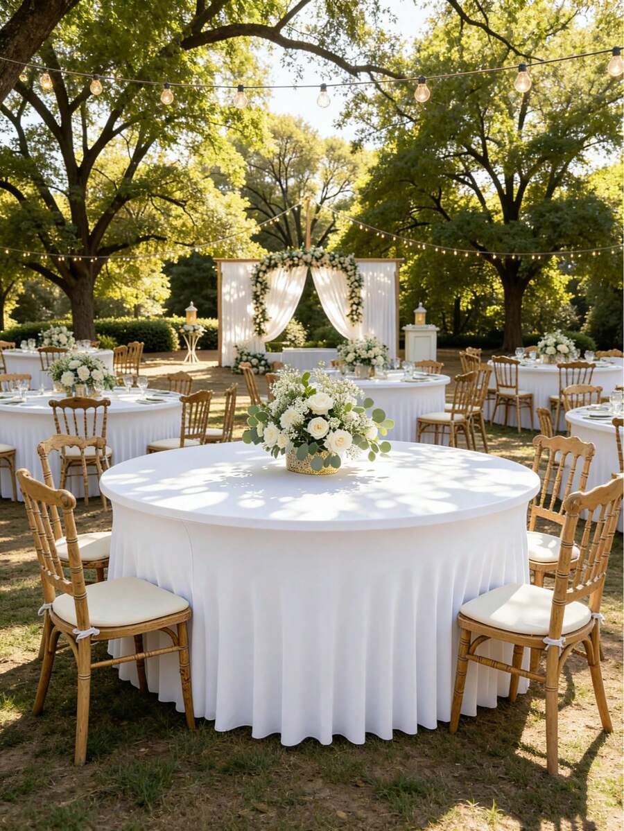 1 pieza Mantel redondo de poliéster, de 4 pies/5 pies/6 pies, lavable a máquina, resistente a las arrugas, falda de mantel elástica, plegable, adecuado para diferentes mesas de comedor, apto para eventos, bodas, banquetes, fiestas y comidas al aire libre, reutilizable.