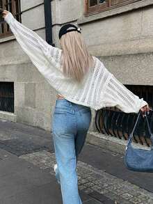 Drop Shoulder Hollow Out Lightweight Knit Cardigan - 杏色 - 查看 5
