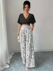 Set de 2 piezas de Blusa de mujer de cuello en V de manga corta con botones y pantalones de cintura alta y pierna ancha para verano - Negro - Ver 5