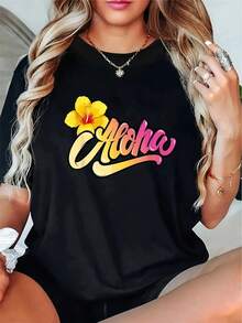 Women's Tropical Aloha T-Shirt - Made With Stretchy Fabric, This Casual Top Features Short Sleeves And A Round Neck, Decorated With Vibrant Floral Prints And Stylish Lettering. It's Machine Washable And Perfect For Spring And Summer. - Black - View 6