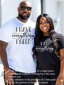 Conjunto de 1 pieza, estilo a juego para parejas, camiseta con la frase "Tengo todo lo que necesito". |   Regalo de San Valentín, camisetas a juego para San Valentín, camisetas para parejas, camisetas para esposos, el mejor regalo para esposas y esposos en Navidad. |   Corte regular, cuello redondo, tela de elasticidad media - Negro - Ver 1