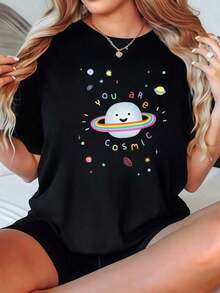 Women's-Shirts You Are Cosmic Planet With Rings%, Breathable Casual Blouses For Women - Black - View 7