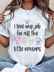 Under The Radar Women's T-Shirt With Cartoon Print And Heart Design, Crew Neck, Regular Fit, Casual Style, Gift For Teachers, Teacher's Day - Vintage Urban Style, Unisex, Cotton, Short Sleeve, Crew Neck - 白色 - 查看 6