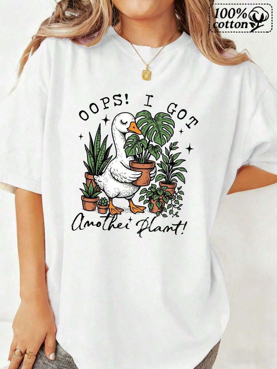 SoftT-Shirt For Women, Duck And Pls, With White Front Print And The Text "Oops I Have Another One," Comfortable For Daily Outings And Home Relationships. New Summer Women's T-Shirt, Casual And Comfortable Crew Neck Top - 白色的 - 查看 1