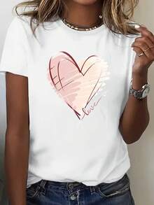 Nueva Camiseta de Moda para Mujer con Cuello Redondo, Diseño Versátil para el Día de San Valentín con Estampado de Corazón, Manga Corta, Estilo Casual, Ropa de Mujer para el Verano. - Negro - Ver 7