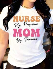Women's T-Shirt, Nurse By Profession, Mom By Passion, Casual Round Neck, Short Sleeve, Suitable For Daily Outdoor Wear, Perfect For All Seasons. - 白色 - 查看 6