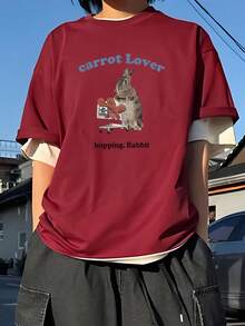 Short-Sleeved T-Shirt With Rabbit Print And Blue Lettering, Y2K Style, New Summer Fashion For Women, Versatile, Loose, Round Neck, Y2K Top. - Burgundy - View 2
