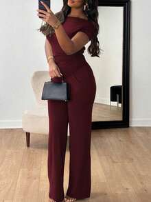 New Women's Summer Outfit, Minimalist And Elegant Style, Short Sleeves, Long Pants, Flattering Design, Cool, Versatile, Perfect For Office, Daytime Looks, Walks And Everyday Wear - 酒紅色 - 查看 3