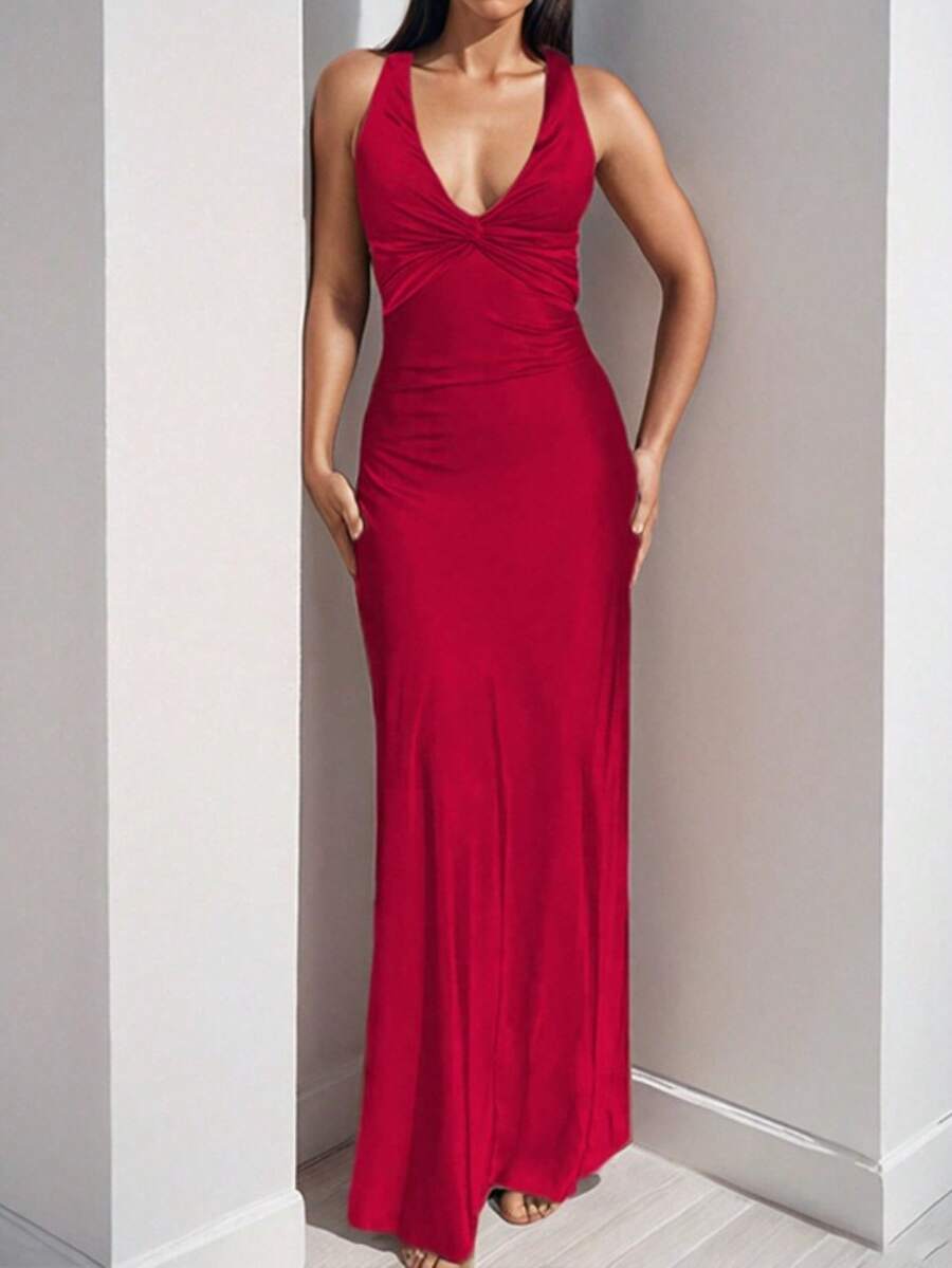 Elegant And Sexy Fitted V-Neck Pleated Maxi Dress, Spring 2026 Fashion, European Style For Modern Women - 紅色 - 查看 1