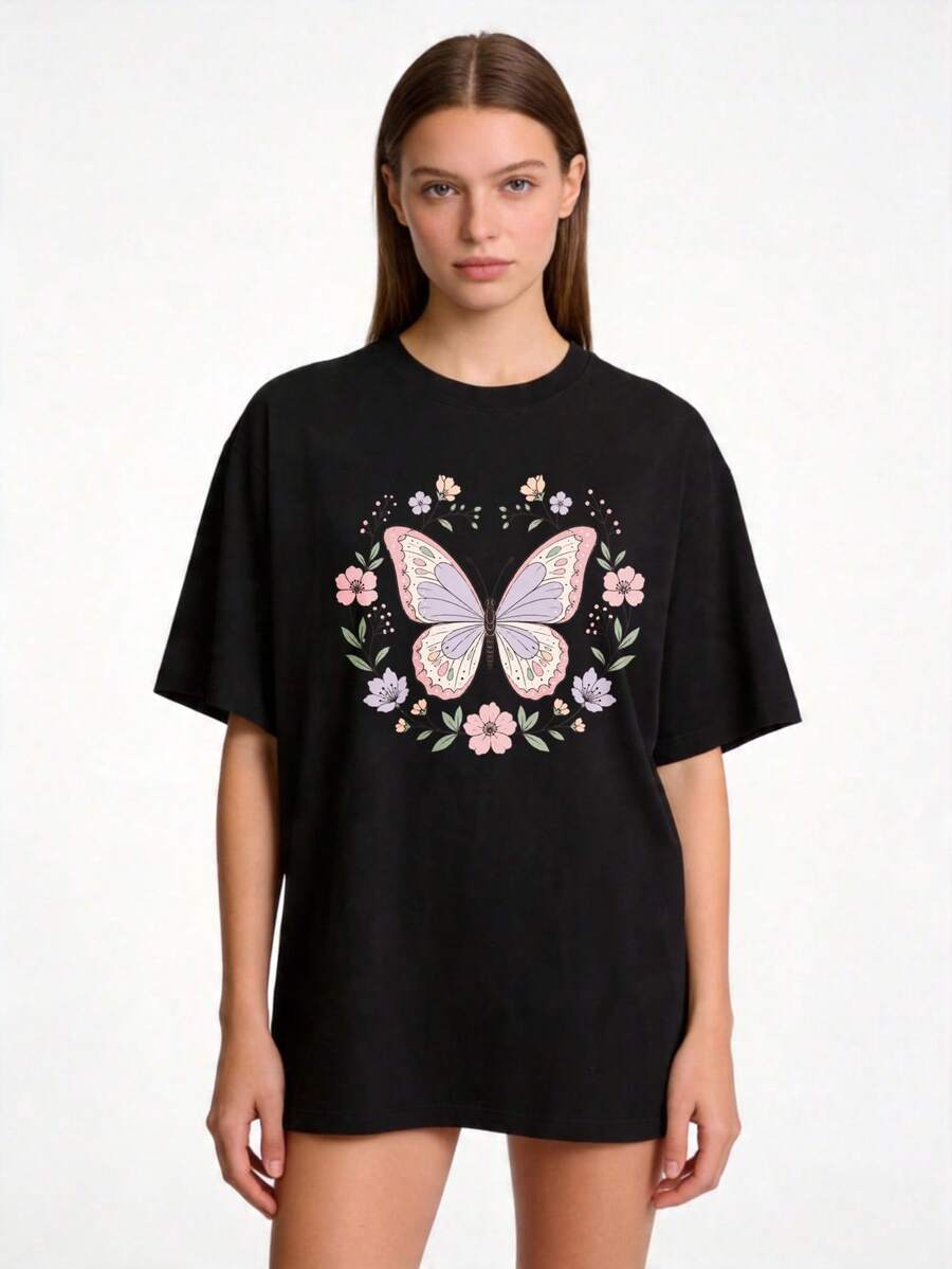 High-Quality Women's Basic Crew Neck T-Shirt With A Butterfly Print, Available In Sizes S-2XL, 100% Black And White, Suitable For Casual Wear In Spring And Summer, Family Outfits, And Couples' Sets. A Perfect Gift For Mom, Mother's Day, Family Members, And Best Friends. . - 黑色 - 查看 1