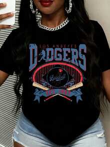 Camiseta de béisbol de los Dodgers de Los Ángeles para mujer, unisex, vintage, con diseño gráfico deportivo, Est. 1883, diseño de logotipo, top casual de verano. Blusas para mujer, ropa casual para mujer. - Negro - Ver 1