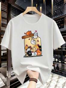 Men's Sports T-Shirt - Cat Print Design With Maneki-Neko Charm, Quick-Drying, Short Sleeve, Crew Neck, Casual, For Boba Tea Lovers And Anime Fans. Relaxed Fit T-Shirt Suitable As A Gift. Women's T-Shirt. Blouses>Elegant. Boho Chic, Soft, Breathable And Comfortable Women's Top, Ideal For Spring, Summer And Autumn, Perfect For Vacations, Travel And Everyday Wear. - 白色 - 查看 7