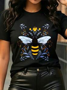 Women's Printed T-Shirt - Casual Short Sleeve Crew Neck Black T-Shirt With Colorful Bee Graphic Design. Relaxed Fit For All Seasons, Perfect For Everyday Wear Or Holiday Outfits (Machine Washable). - 黑色 - 查看 1