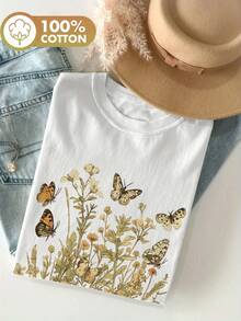 Graphic Print T-Shirt, Short Sleeves, Round Neck, Casual Top For Summer And Spring, Women's Clothing, Women's Winter Clothing - 白色 - 查看 7