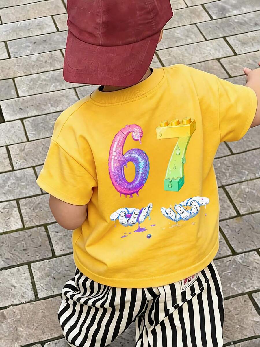 Young BoyCasual Loose T-Shirt With 67 Cartoon Digit Print, Suitable For Spring And Summer Wear. Can Also Be Given As A Gift To Family And Friends. - Yellow - View 1