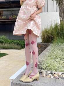 1 par de medias con estampado floral francés para mujer, duraderas y sin deformación, aptas para uso diario - Blanco - Ver 2
