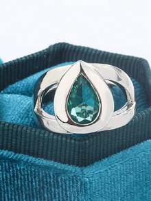 1pc Exquisite Hollow Water Drop Pear-Shaped Paraiba Green Synthetic Zirconia Couple Ring, Geometric Banquet Gift Jewelry For Women - White and Green - View 5