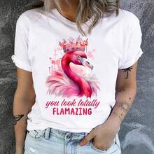 Bestselling 2026 T-Shirt, 100% Cotton, With Pink Flamingo And Crown Print - Casual Short-Sleeved Crew Neck T-Shirt, Women's Graphic Knit Summer Clothing - 白色 - 查看 5