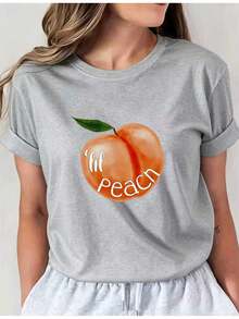 1 pieza de top casual de manga larga para mujer, corte regular, con estampado de melocotón y diseño de lirios, brillante y lindo, estilo urbano moderno, diseño juvenil, cómodo, Fiti01, ropa casual para mujer. 5OF1 - Gris - Ver 1