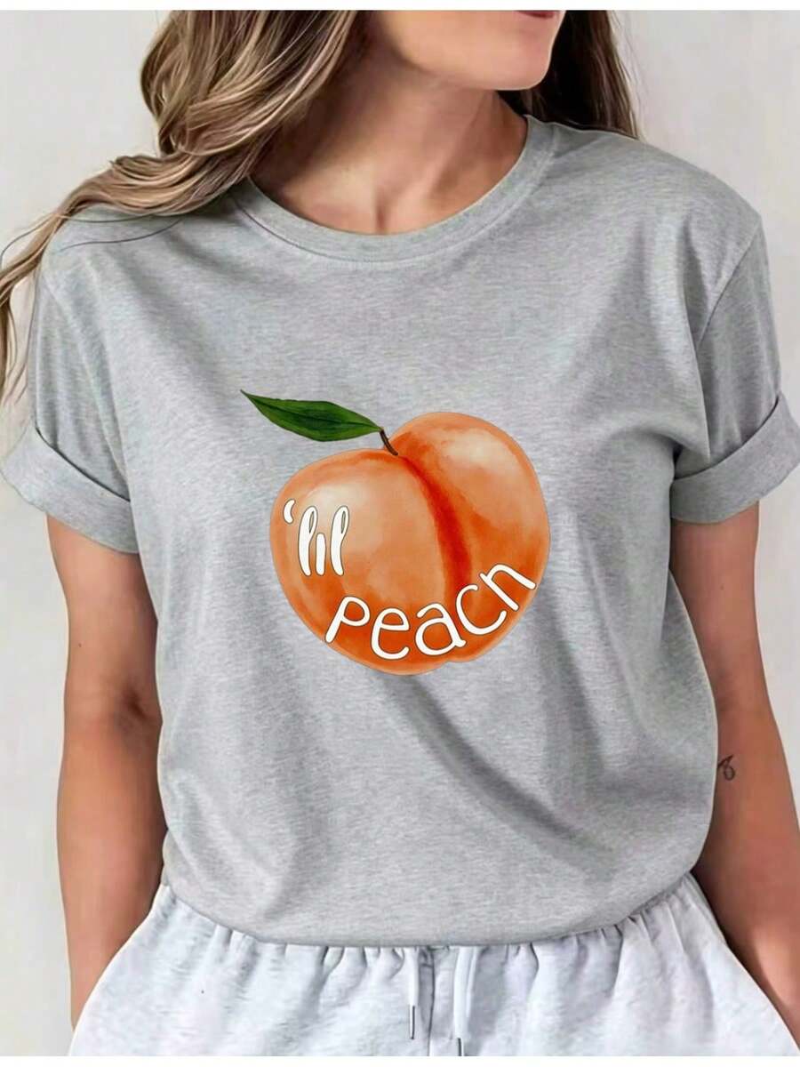 1 pieza de top casual de manga larga para mujer, corte regular, con estampado de melocotón y diseño de lirios, brillante y lindo, estilo urbano moderno, diseño juvenil, cómodo, Fiti01, ropa casual para mujer. 5OF1 - Gris - Ver 1
