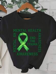 100% Cotton, Women's T-Shirt For Mental Health Awareness With Green Ribbon And The Text "End The Stigma" For Mental Health Support And Promotion Events. - 黑色 - 查看 6