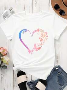 Camiseta de Manga Corta Casual para Mujer con Estampado Floral de Mariposas y Corazones Bohemios, Top de Verano, Camiseta Gráfica de Moda para Mujer, Camiseta de Algodón - Blanco - Ver 4