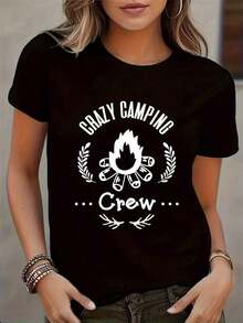Camiseta Gráfica Casual Blanca de Cuello Redondo para Mujer con Diseño de Corona de Laurel y Fogata, Manga Corta, para Todas las Temporadas, Ropa Casual con Temática de Camping, Ajuste Cómodo, Ropa de Camping - Negro - Ver 6