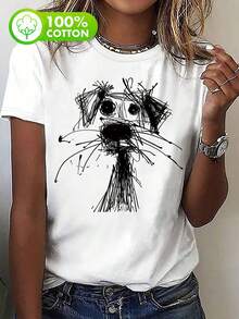 Camiseta de ocio de verano con estampado de perro, 100 %, 1 pieza, ropa de mujer - Blanco - Ver 2
