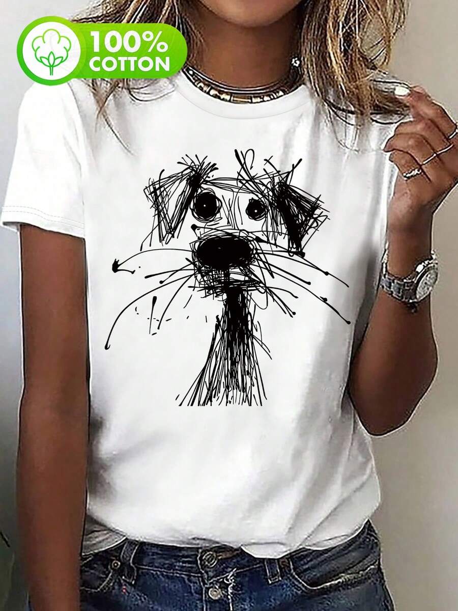 Camiseta de ocio de verano con estampado de perro, 100 %, 1 pieza, ropa de mujer