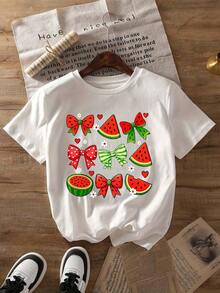 Women's Oversized Short Sleeve Summer T-Shirt With Watermelon Graphic Print, Round Neck, Casual Style, For Summer And Spring, Women's Clothing, 100% Cotton - 白色 - 查看 2