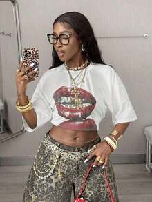 Women's Summer 2026 T-Shirt, Vintage Casual Streetwear Style Y2K Hippie Old Money, With Lip Graphics, Oversized White T-Shirts, Loose And Comfortable For Women - 白色 - 查看 2