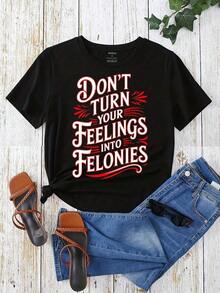 New Women's Summer Crew Neck Graphic T-Shirts, 100% Cotton, Casual Wear To Avoid Turning Your Feelings Into Crimes, Loose Spring Short Sleeve T-Shirts, Fashionable Summer Basic T-Shirts, Clothing Gift For Women - Unisex Cotton Loose Short Sleeve Crew Neck Urban Vintage Style T-Shirt. - 黑色 - 查看 2