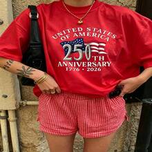 Heartfelt Daily Casual Graphic T-Shirt 100% Cotton Oversized Soft Breathable Casual Crewneck Short Sleeve Top Vintage Aesthetic Red Checkered Shorts United States 250th Anniversary Design For Casual Wearers Fashion Lovers Daily Outfit Enthusiasts Gift Givers - Rojo - Ver 2