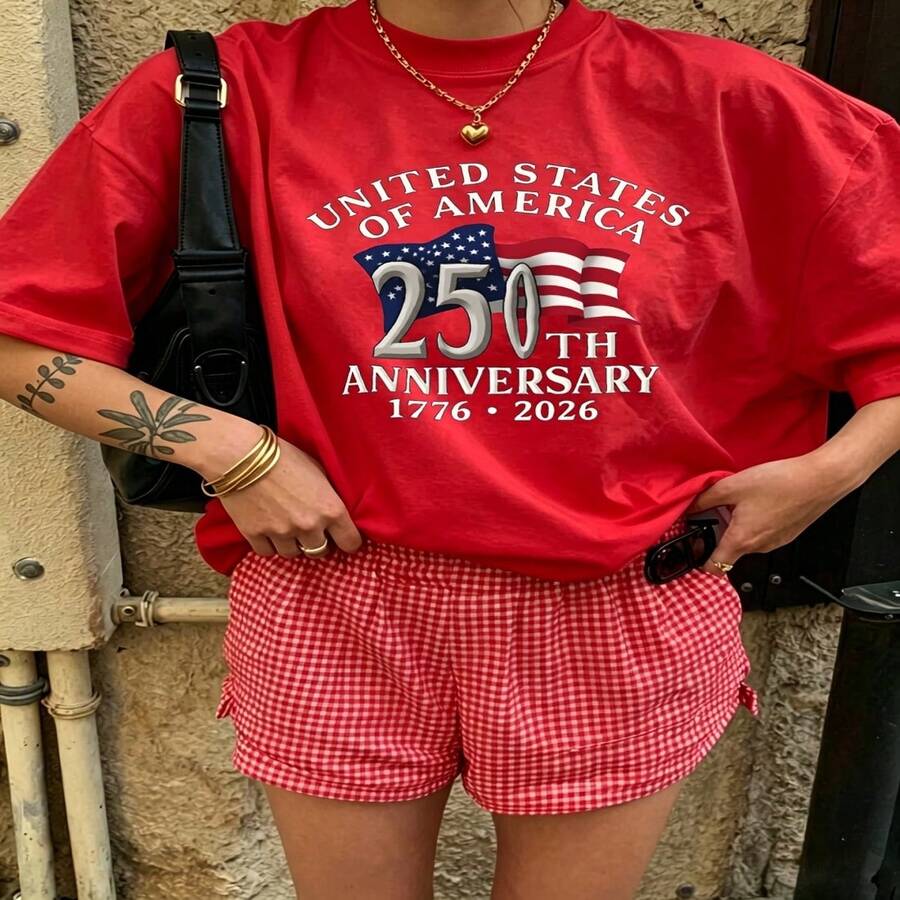 Heartfelt Daily Casual Graphic T-Shirt 100% Cotton Oversized Soft Breathable Casual Crewneck Short Sleeve Top Vintage Aesthetic Red Checkered Shorts United States 250th Anniversary Design For Casual Wearers Fashion Lovers Daily Outfit Enthusiasts Gift Givers